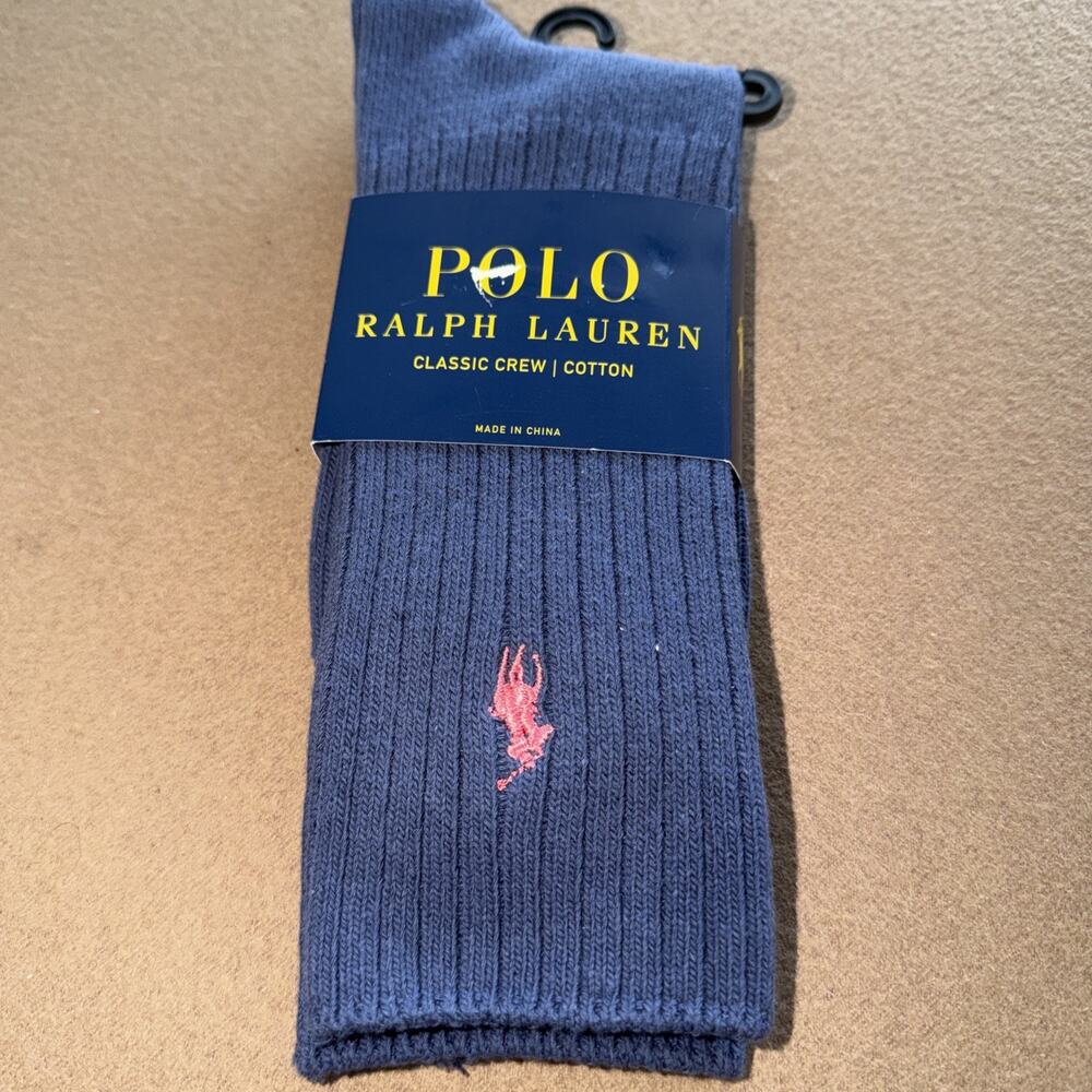 New Polo Ralph Lauren Heathered Blue Classic Cotton Crew Pony Sock Lg 6-12.5